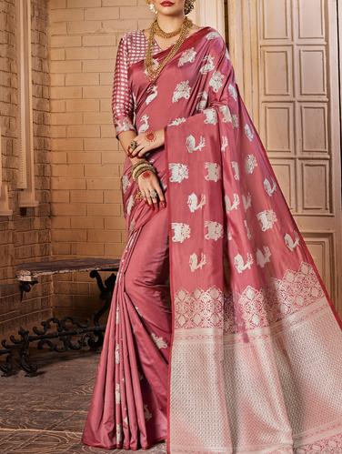 pink woven saree with blouse - 15026166 - Very Small Image - 1