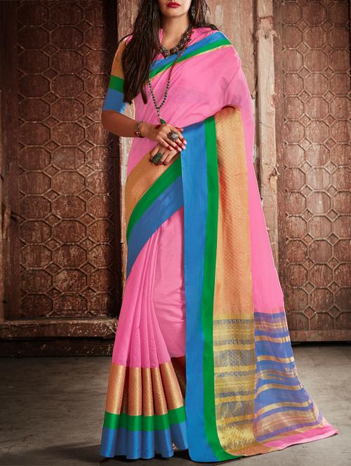 Contrast bordered handloom saree with blouse - 15026176 - Standard Image - 1
