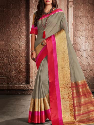 Contrast bordered handloom saree with blouse - 15026177 - Very Small Image - 1