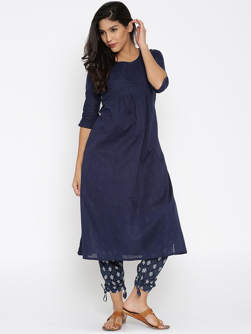 blue cotton solid a-line kurta - 15026273 - Zoom Image - 1