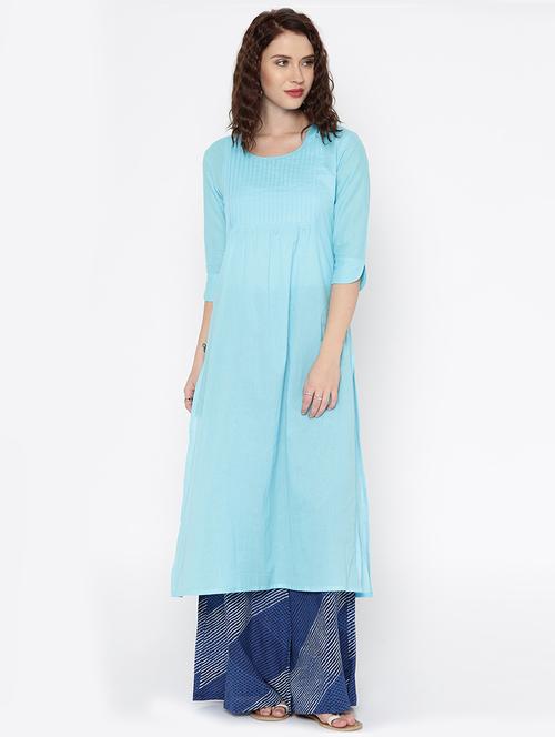 sky blue cotton solid straight kurta - 15026281 - Very Small Image - 1