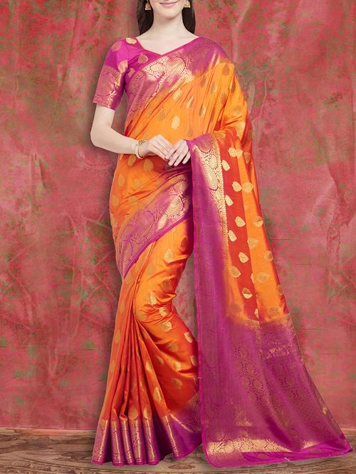 orange woven saree with blouse - 15026793 - Very Small Image - 1