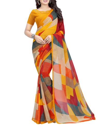 multicolor chiffon printed saree with blouse - 15027058 - Very Small Image - 1