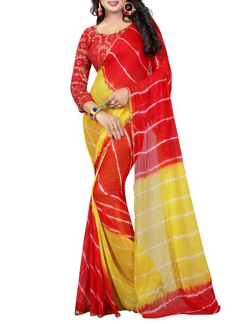 red chiffon leheriya saree with blouse - 15027064 - Very Small Image - 1