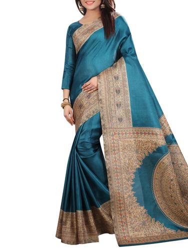 turquoise art silk printed saree with blouse - 15027089 - Very Small Image - 1