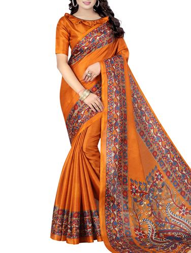 mustard art silk printed saree with blouse - 15027092 - Very Small Image - 1
