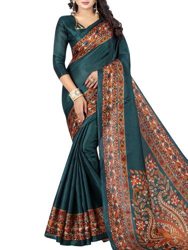 turquoise art silk printed saree with blouse - 15027098 - Very Small Image - 1