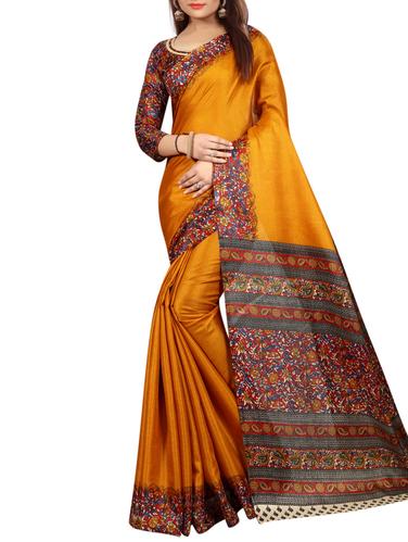 mustard art silk printed saree with blouse - 15027109 - Very Small Image - 1