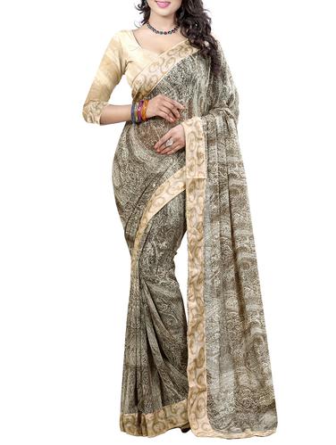 brown georgette printed saree with blouse - 15027207 - Very Small Image - 1