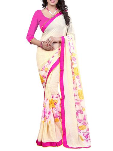 cream georgette printed saree with blouse - 15027212 - Very Small Image - 1