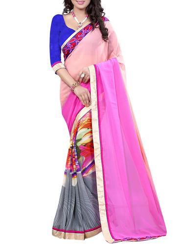 pink georgette half & half saree with blouse - 15027220 - Very Small Image - 1