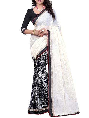 white georgette half & half saree with blouse - 15027222 - Very Small Image - 1