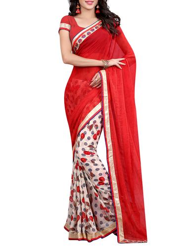 red georgette half & half saree with blouse - 15027229 - Very Small Image - 1