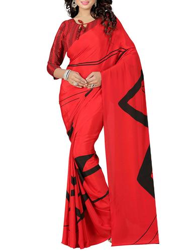 red crepe printed saree with blouse - 15027242 - Very Small Image - 1