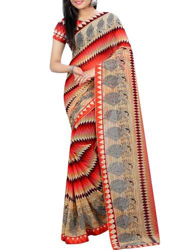 red georgette printed saree with blouse - 15027256 - Very Small Image - 1