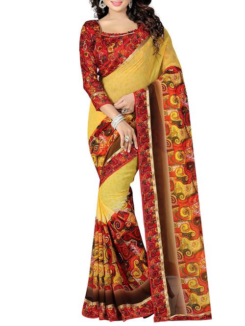 mustard georgette printed saree with blouse - 15027352 - Standard Image - 1