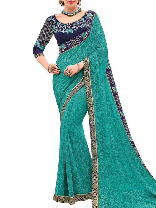 turquoise georgette printed saree with blouse - 15027373 - Very Small Image - 1
