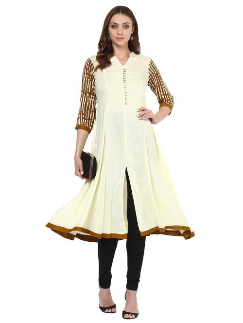 cream rayon a-line kurta - 15027439 - Standard Image - 1