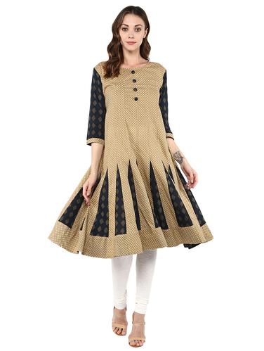 beige cotton flared kurta - 15027470 - Very Small Image - 1