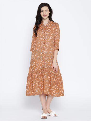 Brown cotton floral a-line dress - 15027521 - Very Small Image - 1