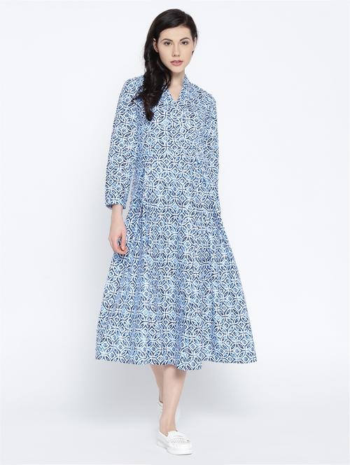 light blue printed cotton a-line dress - 15027524 - Standard Image - 1