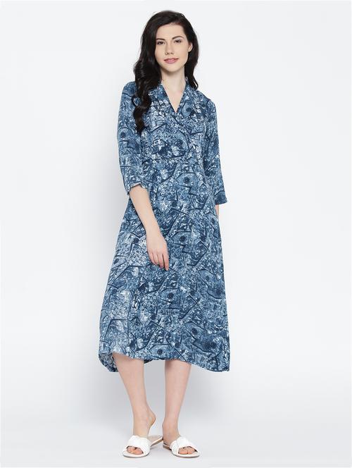 blue printed cotton a-line dress - 15027526 - Very Small Image - 1