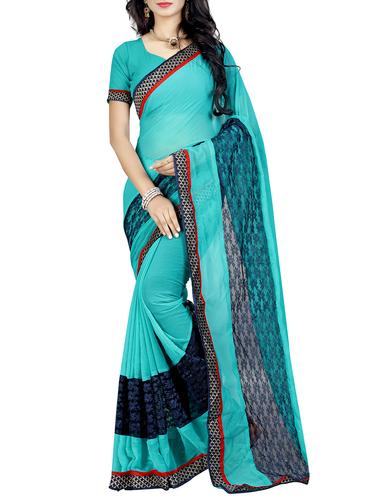 turquoise georgette bordered saree with blouse - 15027573 - Very Small Image - 1