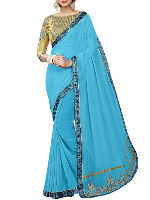 sky blue georgette bordered saree with blouse - 15027586 - Standard Image - 1