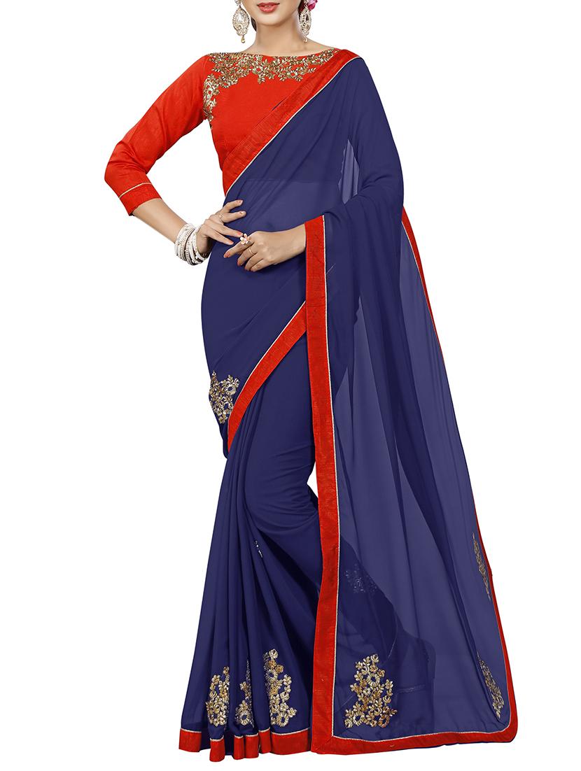blue georgette embroidered saree with blouse - 15027587 - Zoom Image - 1