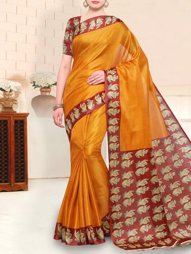 mustard silk blend printed saree with blouse - 15027628 - Very Small Image - 1