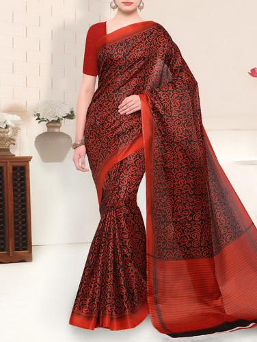 red silk blend printed saree with blouse - 15027629 - Very Small Image - 1