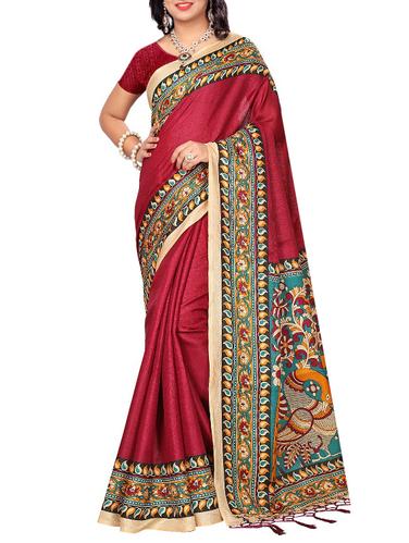 maroon silk blend printed saree with blouse - 15027636 - Very Small Image - 1