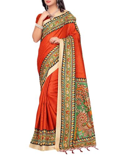 red silk blend printed saree with blouse - 15027639 - Very Small Image - 1