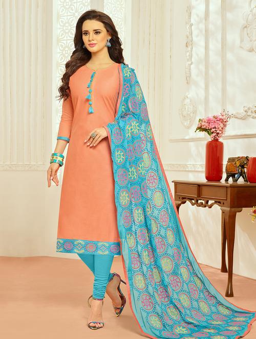 peach churidaar suit unstitched suit - 15027965 - Standard Image - 1