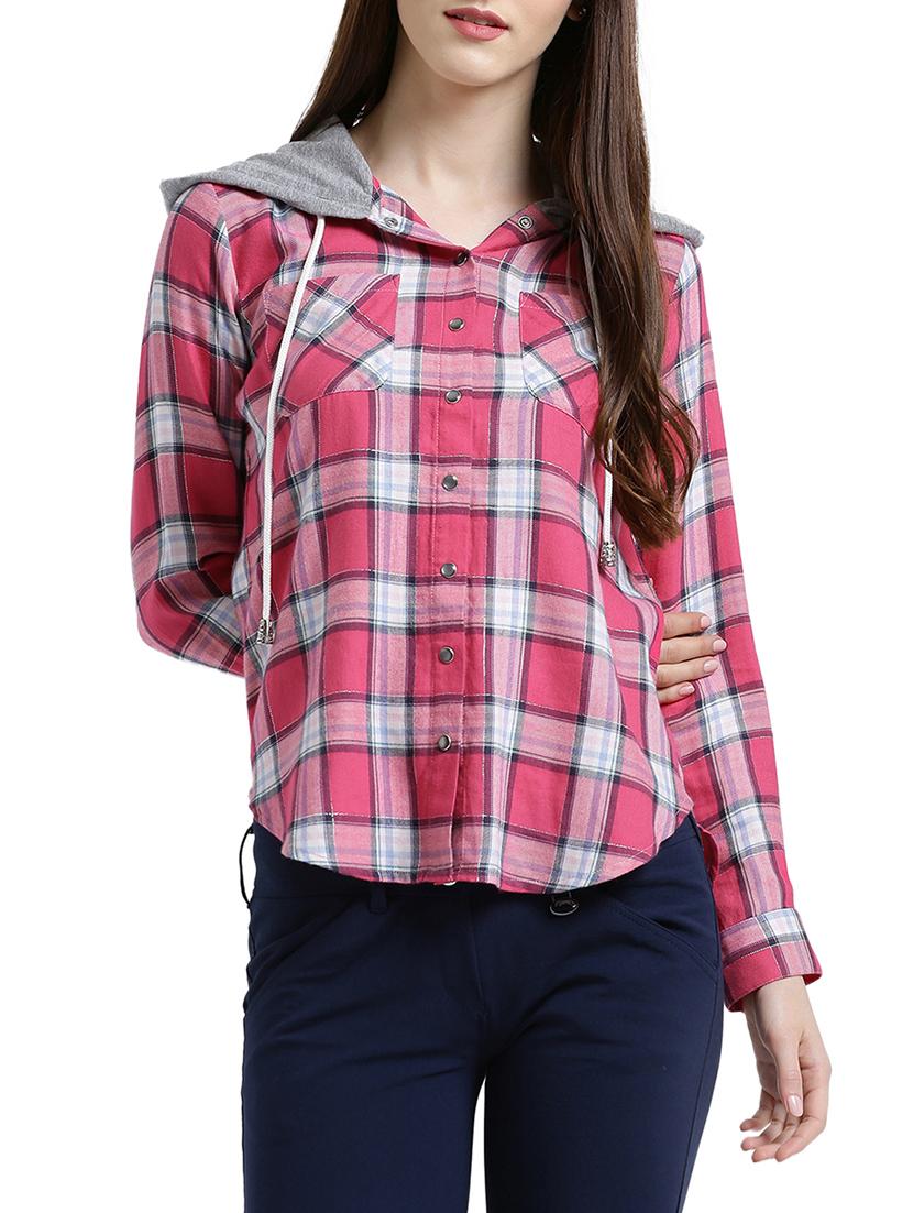 pink cotton checkered hooded shirt - 15028017 - Zoom Image - 1