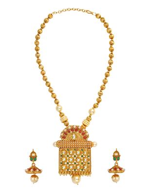golden colored brass necklace & earrings set - 15028077 - Standard Image - 2