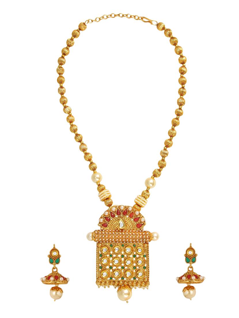 golden colored brass necklace & earrings set - 15028077 - Zoom Image - 2
