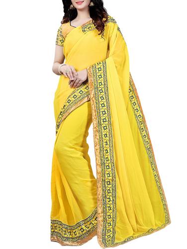 yellow georgette bordered saree with blouse - 15028105 - Very Small Image - 1