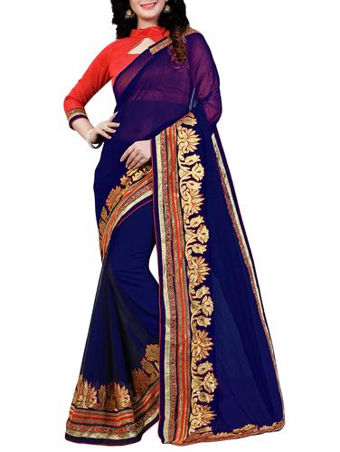 blue georgette bordered saree with blouse - 15028106 - Very Small Image - 1