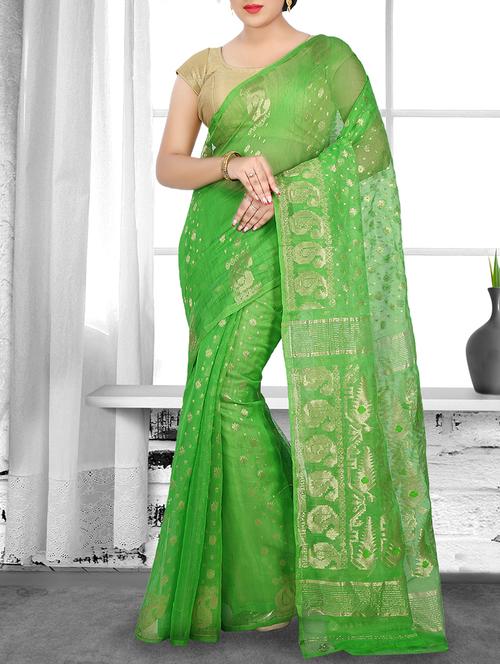 green cotton silk jamdani saree - 15028553 - Standard Image - 1