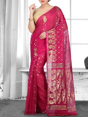 magenta cotton silk jamdani saree - 15028554 - Standard Image - 1