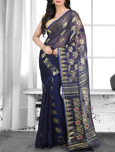 blue cotton silk jamdani saree - 15028561 - Very Small Image - 1