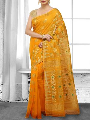 yellow cotton silk jamdani saree - 15028562 - Standard Image - 1