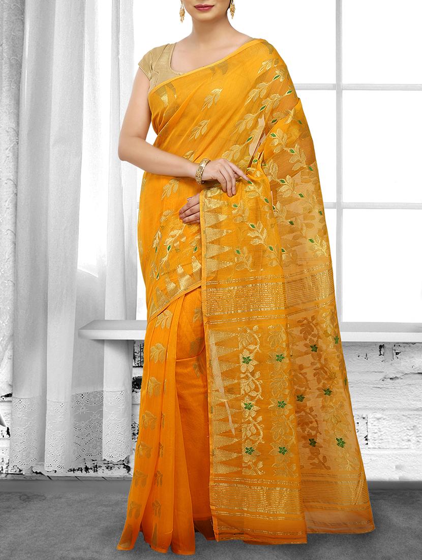 yellow cotton silk jamdani saree - 15028562 - Zoom Image - 1