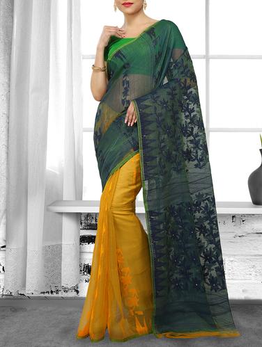 green cotton silk jamdani saree - 15028566 - Very Small Image - 1