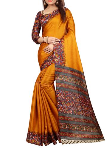mustard art silk printed saree with blouse - 15029706 - Very Small Image - 1