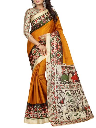 mustard art silk printed saree with blouse - 15029710 - Very Small Image - 1