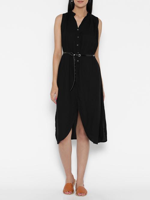 solid black viscose belted dress - 15030257 - Very Small Image - 1