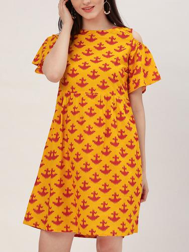 yellow printed cotton a-line dress - 15030274 - Very Small Image - 1
