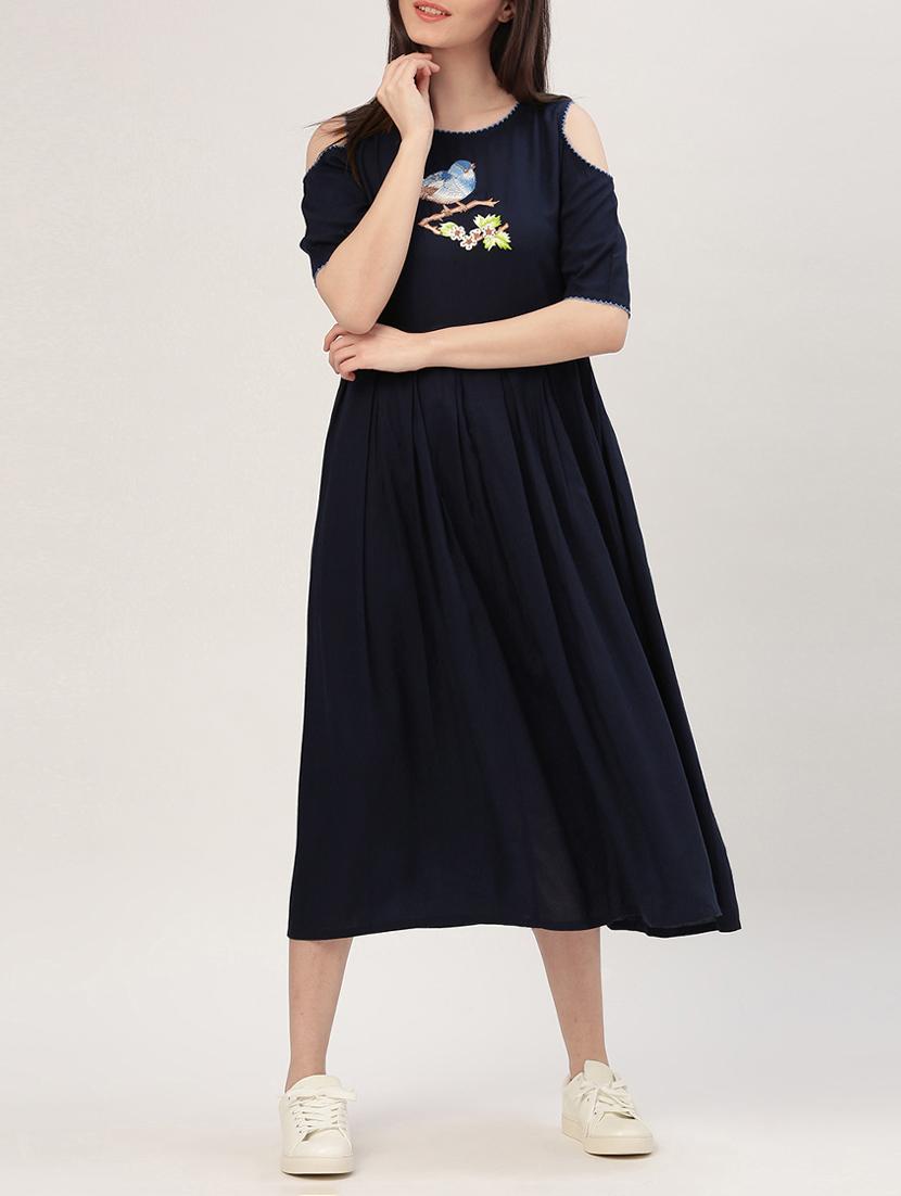 navy blue rayon fit & flare dress - 15030281 - Zoom Image - 1